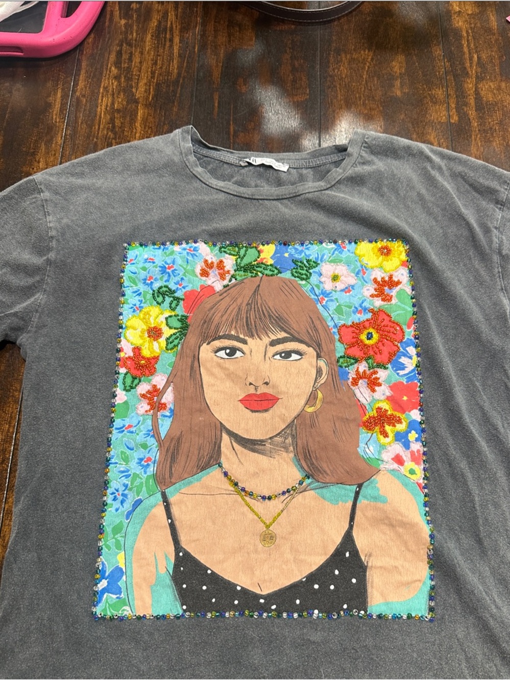 Graphic Floral Portrait Tee with Beaded Detail - Gray